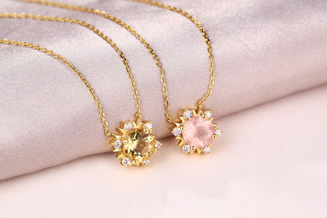 Women Rose Quartz S925 Sterling Silver Necklace with Yellow Gold Plating
